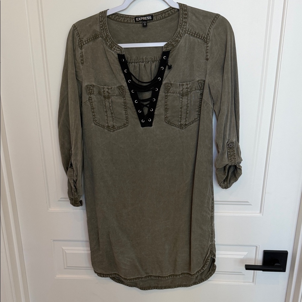 Express Green Khaki Lace-Up Tunic Dress